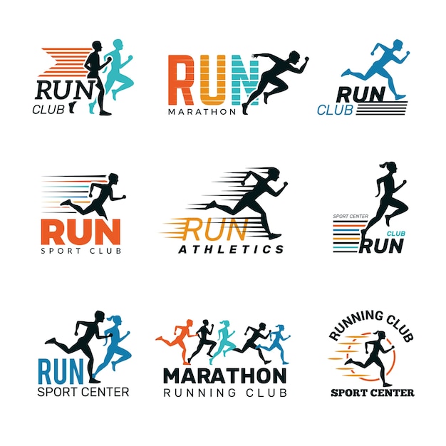 Logo uitgevoerd. Marathon club badges sport symbolen schoen en benen springen lopende mensen vector collectie. Sport snelheid, afstand fitness runner, club run illustratie