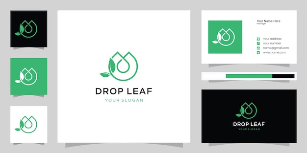 Vector logo van blad en waterdruppel en sjabloon voor visitekaartjes