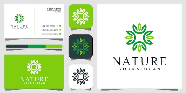 Logo van bladeren, natuur en yoga concept en visitekaartje