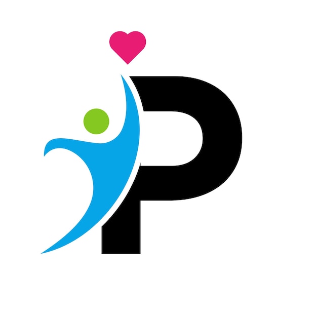 Logo van de gezondheidszorg op de letter P Love Heart Symbol Charity Logotype