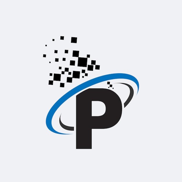 Logo van de letter P in de kleurrijke cirkel met gebroken blokken op witte achtergrond