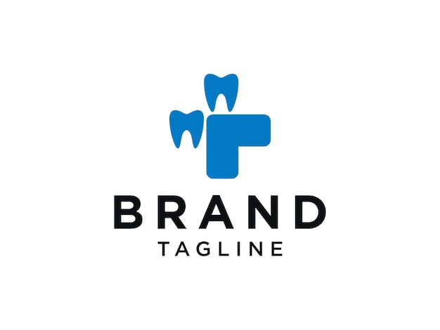 Logo van de tandheelkundige kliniek. Blauwe vorm kruisbord met tandsymboolcombinatie.