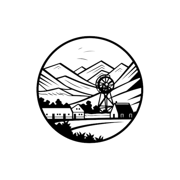 Logo van een molen en een berg, slechts minimale contouren