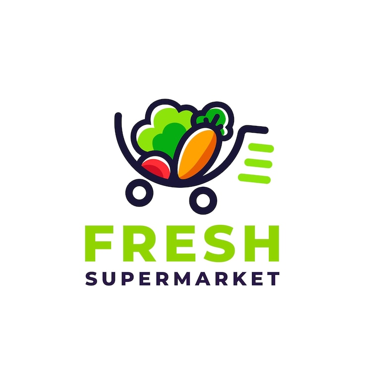 Vector logo van een supermarkt met groenten in een winkelwagentje
