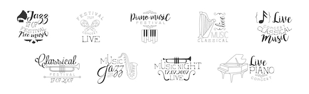 Logo van het muziekfestival en gratis live concertlabel vector set