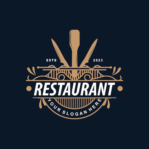 Logo van het restaurant Oude typografie Retro Vintage stijl Elegant ornament bestek en mes Vectorontwerp