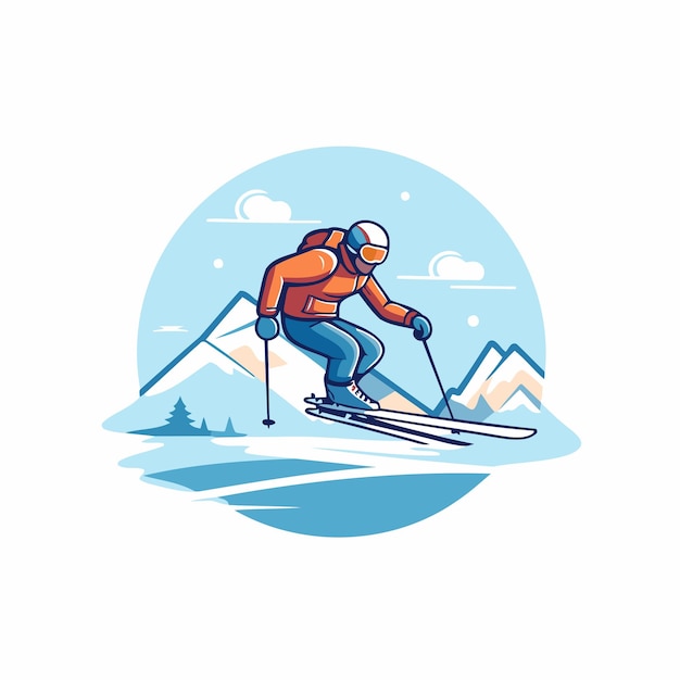 Vector logo van het skigebied met skiër en bergen vectorillustratie