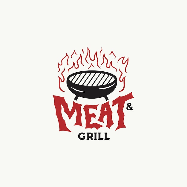 Logo van vlees en grill met vuur grill vork en spatel BBQ-logo sjabloon Grunge textuur Vector