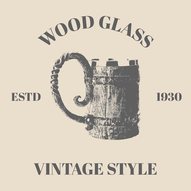 Logo vector Bierpul met retro vintage stijl. Houten glas schuimdrank. Een handgetekende schets