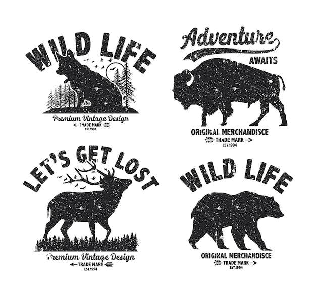 LOGO VINTAGE RETRO SILHOUETTE ANIMALS SET OUTDOOR ADVENTURE JUNGLE FOREST