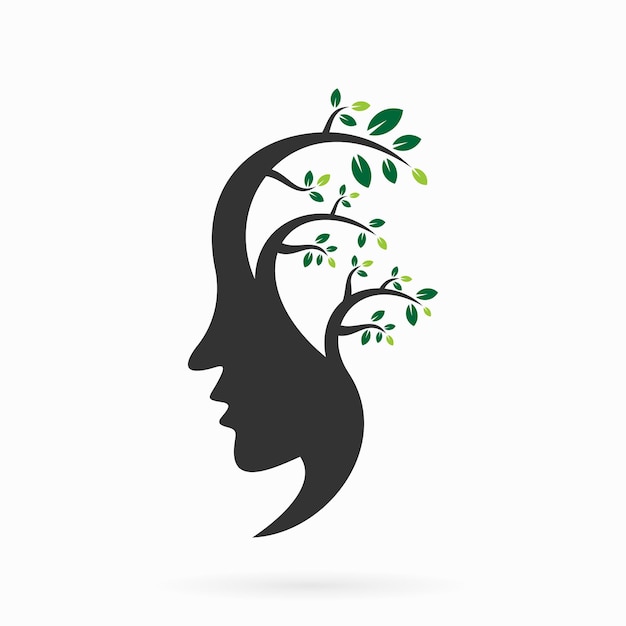 Vector logo voor geestelijke gezondheid met gezichtssilhouet en combinatieconcept van natuurlijke takbomen