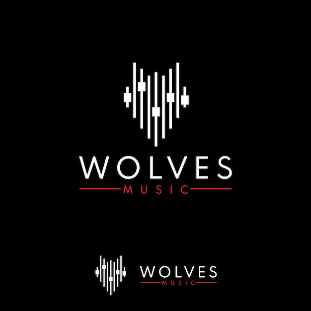 Vector logo voor muziek audio entertainment met wolf head equalizer concept