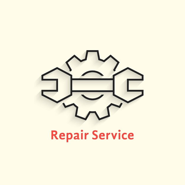 Logo voor reparatieservice met zwarte omtrek. concept van verstelbare kit, seo, repareren, herstellen, monteren, tandwiel. vlakke lineaire stijl trend moderne merk ontwerp sjabloon vectorillustratie op witte achtergrond