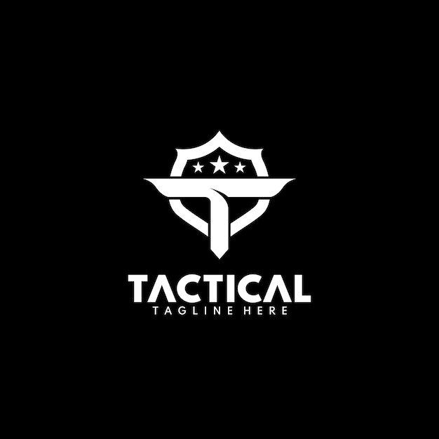 Vector logo voor tactisch militair uitrustingsbedrijf dat bovenop een zwart logo tactical shield-logo staat