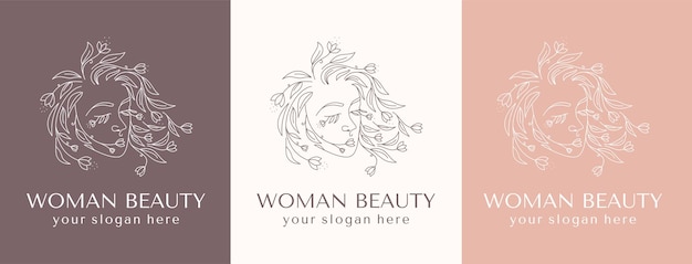 Logo Vrouw gezicht met bloemen Vrouw lineaire vectorillustratie Elegante Vrouwelijke Schoonheid Logo Vrouw Line Art Minimalistische Logo Botanische print