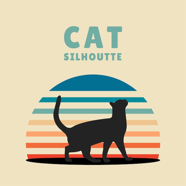 Logo with cat in retro style vector flat illustration with cats silhouette vintage design