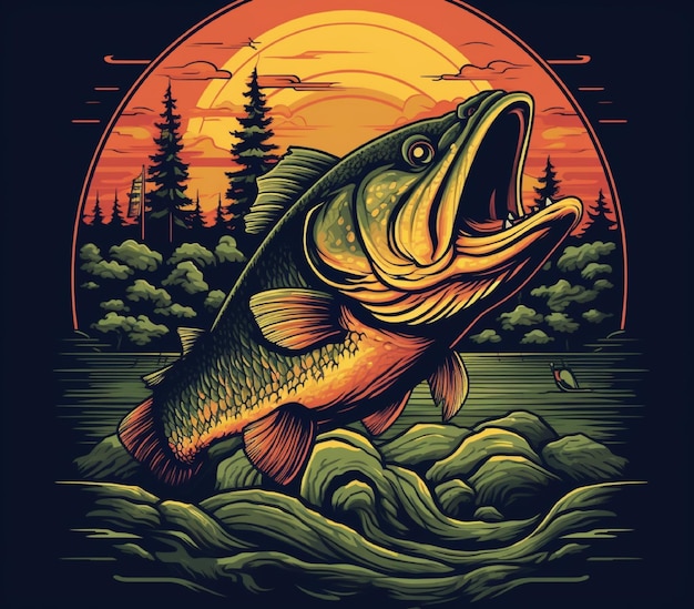 Vector logo with lake largemouth bass fish