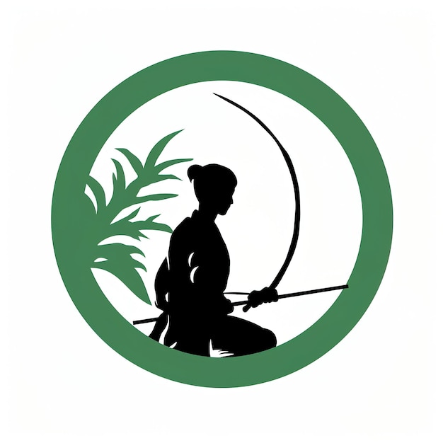 a logo with a white circle In the circle is a green kyudo bow and arrow