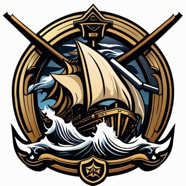 a logo with a wooden ship breaking waves and a sword on the flag vector illustration