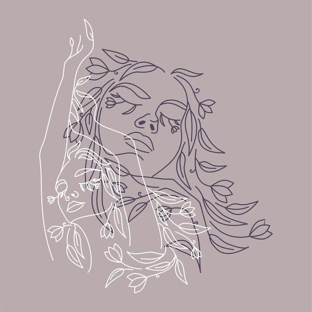 花を持つロゴ女性の顔女性ベクトル ラインアート イラスト エレガントなフェミニンな美しさのロゴ女性ライン アート ミニマリストのロゴ ボタニカル プリント