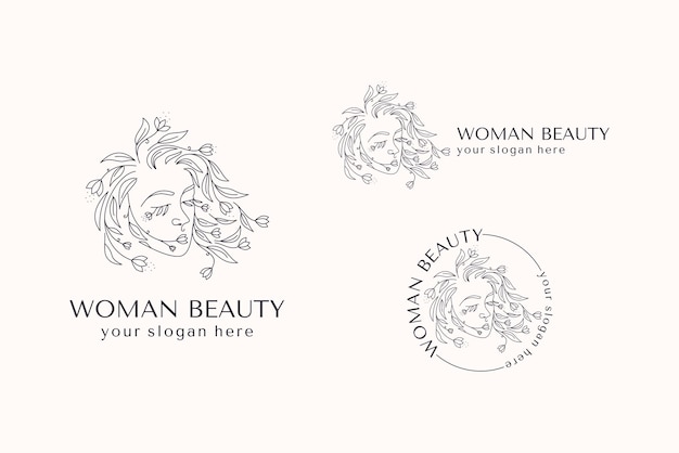 Logo volto di donna con fiori illustrazione del lineart vettoriale della donna elegante bellezza femminile logo woman line art logo minimalista stampa botanica