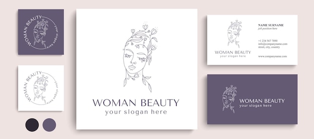 Logo Woman face with flowers Woman vector lineart illustration Elegant Feminine Beauty Logo Woman Line Art Minimalist Logo Botanical print