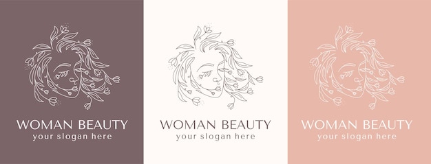 Logo Woman face with flowers Woman vector lineart illustration Elegant Feminine Beauty Logo Woman Line Art Minimalist Logo Botanical print