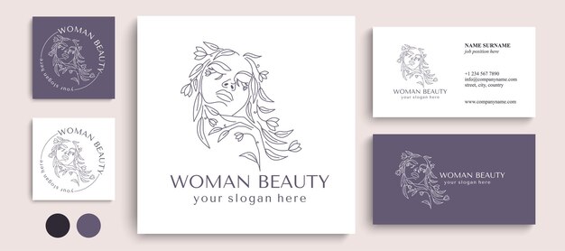 Logo Woman face with flowers Woman vector lineart illustration Elegant Feminine Beauty Logo Woman Line Art Minimalist Logo Botanical print