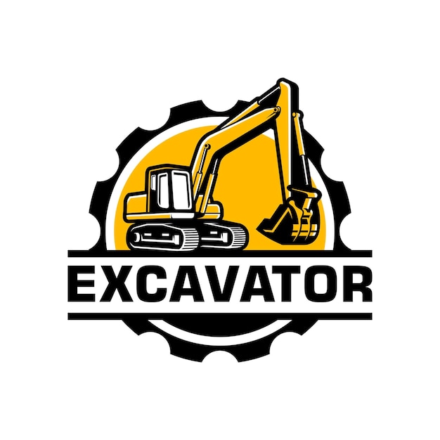 Logoontwerp van de graafmachine met versnellingsframe Vectorillustratie