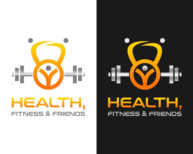 Vector logoontwerp van lichaamsgezondheids- en fitnessapparatuur zoals kettlebells en dumbbells