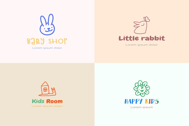 Vector logos collection baby illustration cute minimalistic snail rabbit flower