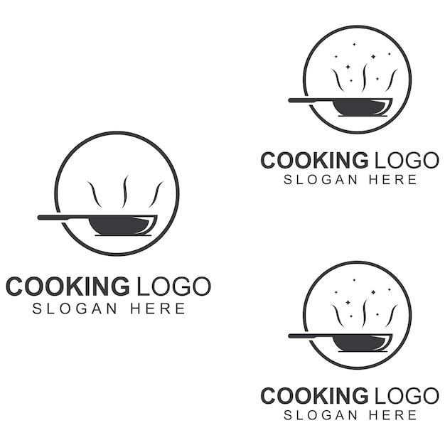 Logos for cooking utensils cooking pots spatulas and cooking spoons using a vector illustration template design concept