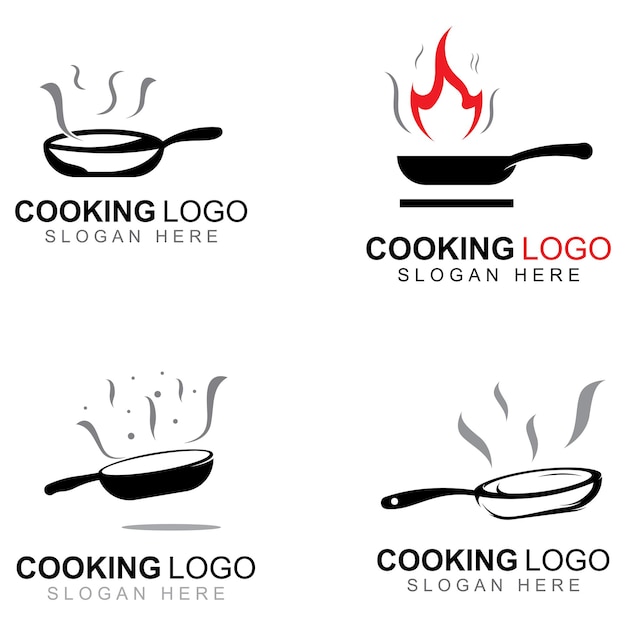 Vector logos for cooking utensils cooking pots spatulas and cooking spoons using a vector illustration template design concept