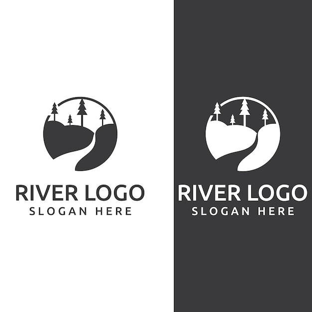 川の小川の川岸と小川のロゴ山と農地を組み合わせた川のロゴとコンセプトデザインベクトルイラストテンプレート