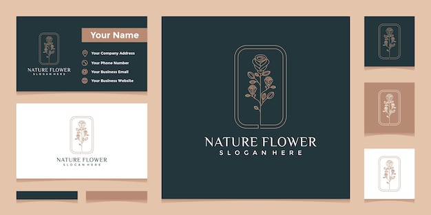 Logos with elegant natural floral line art style and business card design