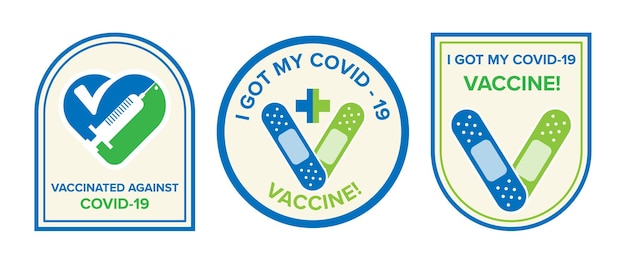 Vector logosymbool met tekst ik heb mijn covid-19-vaccin voor gevaccineerde personen gekregen. campagnesticker voor coronavirusvaccinatie. medische en gezondheidsconcepten