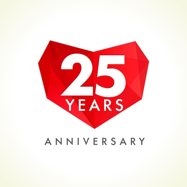 Logotipo di 25 anni, anniversario che celebra il segno con il cuore. celebrando l'icona di congratulazioni.