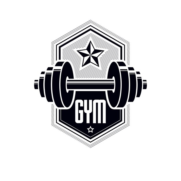 Vector logotype for heavyweight gym or fitness sport gymnasium, vintage style vector emblem. with barbell.