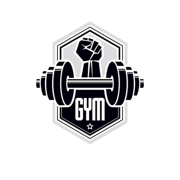 Vector logotype for heavyweight gym or fitness sport gymnasium, vintage style vector emblem. with barbell.