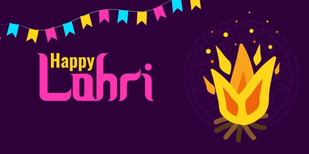 Vector lohri festival punjabi fiery harvest in india bright colored flags bonfire and inscription