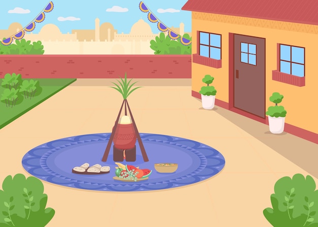 Vector lohri maaltijd egale kleur. traditionele hindoe-vakantieviering. punjabi-eten in de achtertuin van het huis. vaisakhi-feest. indisch 2d cartoon landschap met stadsgezicht op achtergrond