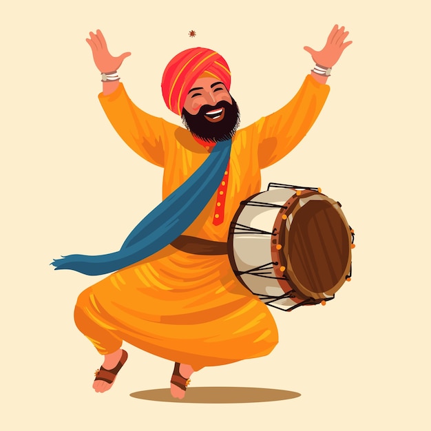Vector lohri punjabi man playing dhol vector illustration