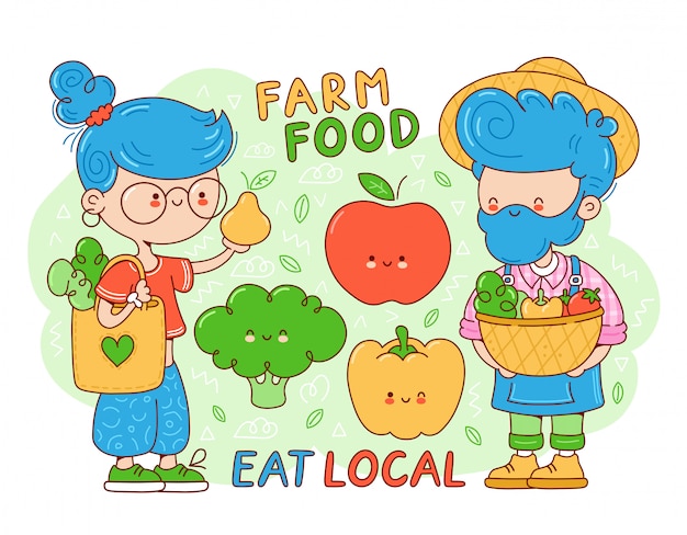 Lokale boerderijvoedselverzameling. leuke gelukkig jonge vrouw met eco tas kopen fruit. boer man verkoop groenten. cartoon karakter illustratie
