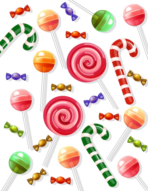 Vector lollipop and candy pattern realistic on white background