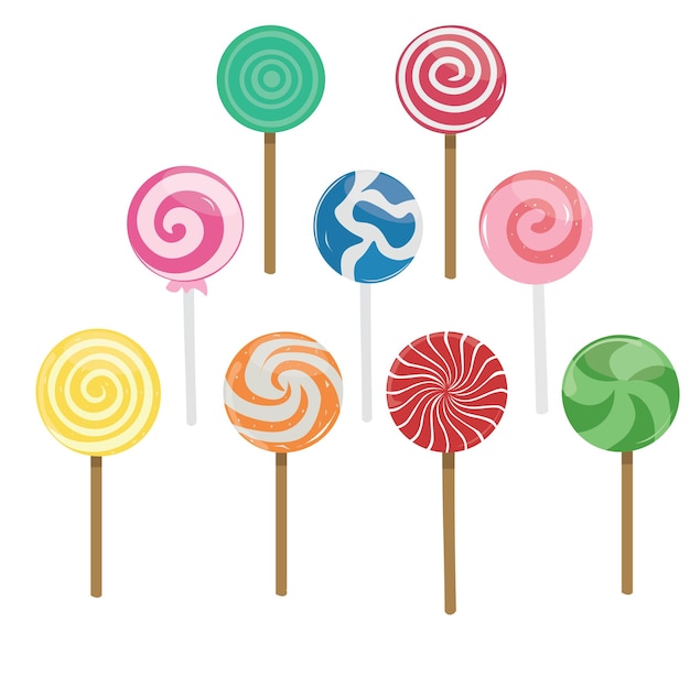Lollipop candy vector illustratie set met verschillende spiraal- en straalpatronen Zoete kleurrijke lolly