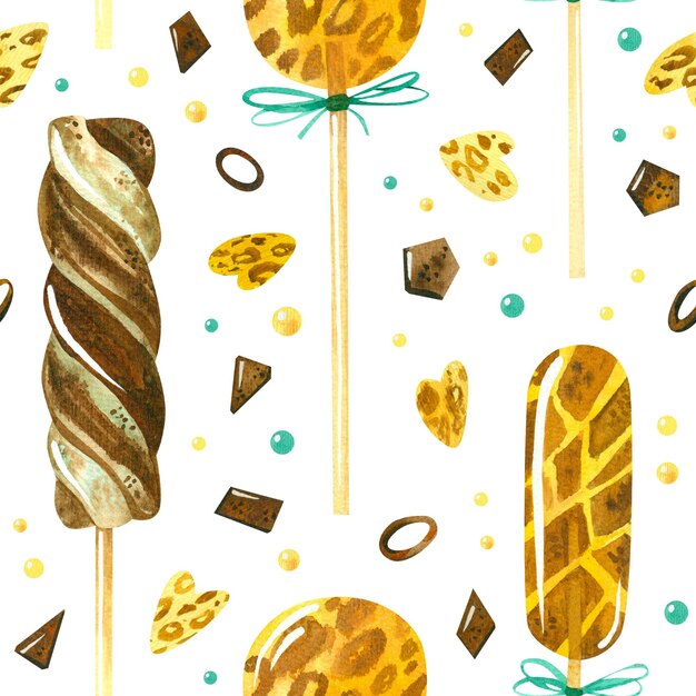 Lollipop marshmallows and chocolate chips seamless pattern with zebra giraffe and leopard prints