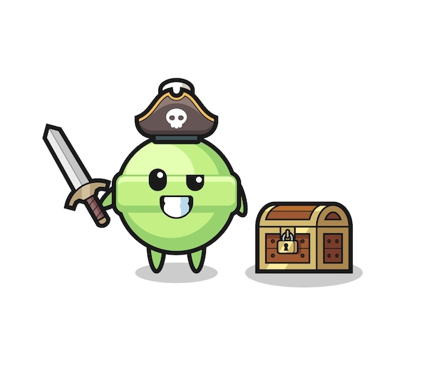 The lollipop pirate character holding sword beside a treasure box , cute style design for t shirt, sticker, logo element