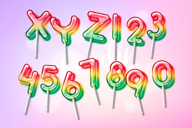 Trancparency와 그림자가있는 롤리팝 달콤한 사탕 다채로운 알파벳 글꼴