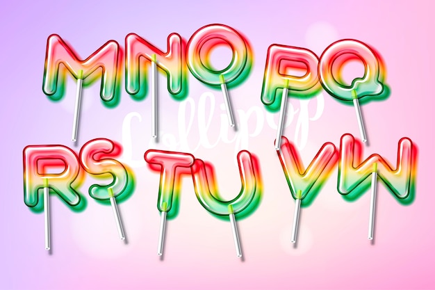 Lollipop sweet candy красочный алфавитный шрифт с прозрачностью и тенями