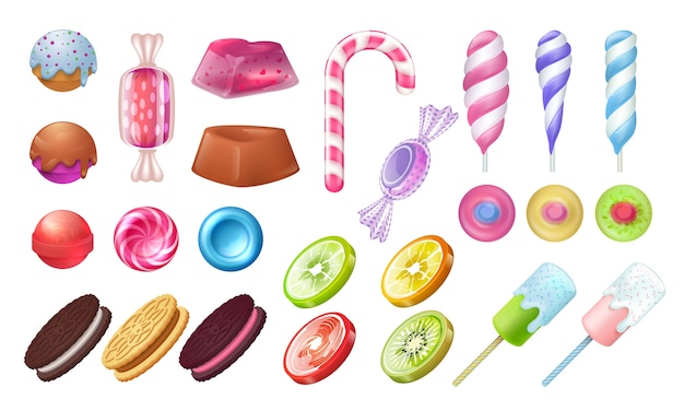 Vector lollipops and candies. chocolate and toffee round sweets, caramel bonbon marshmallow and gummy